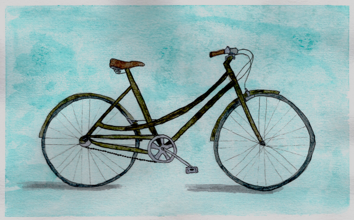 A watercolor painting of an urban cruiser style bicycle. The bicycle is a dark earthy green with a brown seat, and sits against a bright blue background.