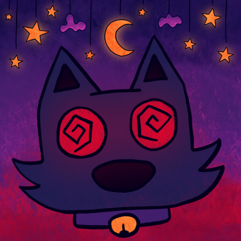 A cat avatar stares wide-eyed in chaotic wonder at the moon above.