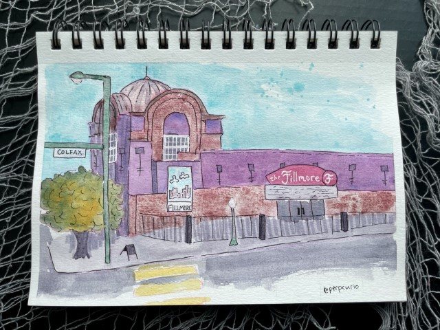 An urban sketch of the historic Fillmore Auditorium in Denver, but with a purple exterior.