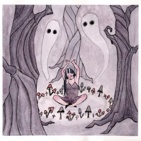 A spooky forest scene. A young woman is center frame, sitting amongst a fairy circle of mushrooms, and trees. The woman's head is lowered in focus and her arms are raised in a graceful spellcasting movement. Two harmless, yet curious, looking ghosts rise around the woman, and gaze toward the viewer.