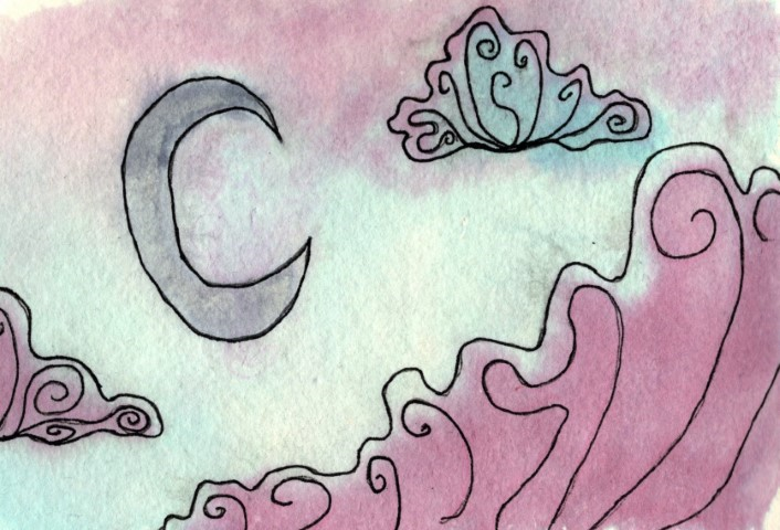 Three swirly pink clouds on a blue night sky with a crescent moon.