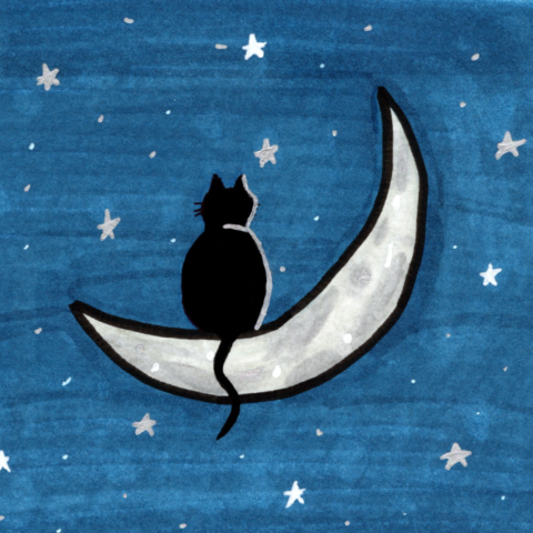 The silhouette of a black cat is seen sitting on top of a tilted crescent moon. The cat's tail hangs over the moon. which is bright white and textured with craters. The sky is blue, textured, and dotted with silver and white geometric stars.