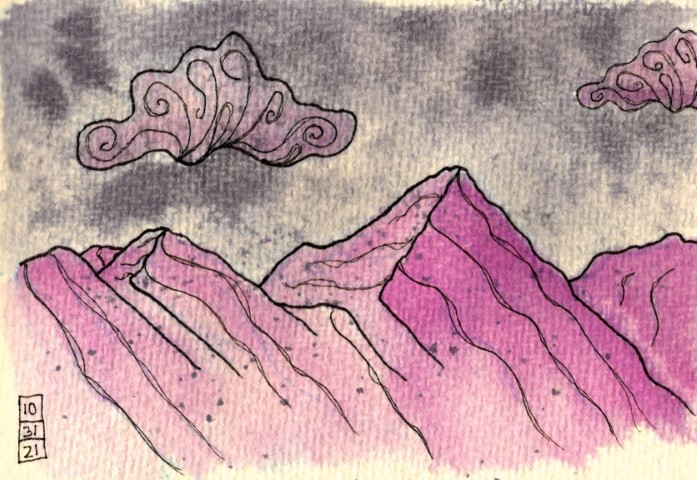 Pink mountains lined in heavy black sit against a dark and dreary sky. Two swirly clouds reflect the pink of the mountains below.