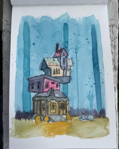 A fan's watercolor painting rendition of the book cover for Under the Whispering Door, written by T.J. Klune, cover by Red Nose Studios, published by Tor Books.